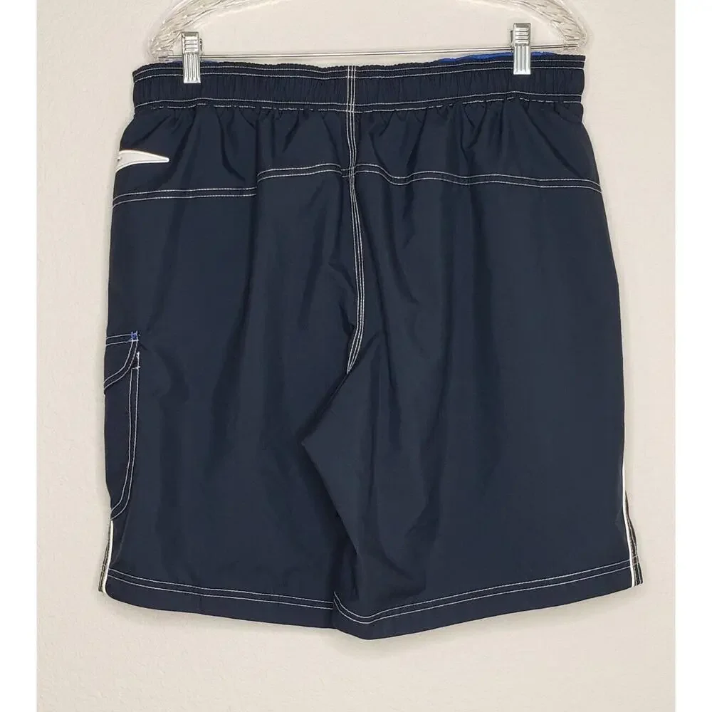 Speedo Mens Swimsuit Large Dark Blue Built In‎ Brief 9” Inseam Drawstring Trunks